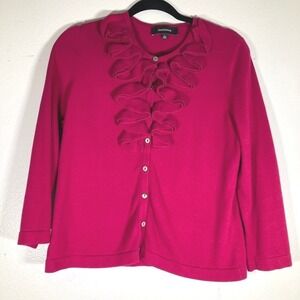 Jones Wear Womens L Magenta Pink Ruffle Front Cardigan Sweater